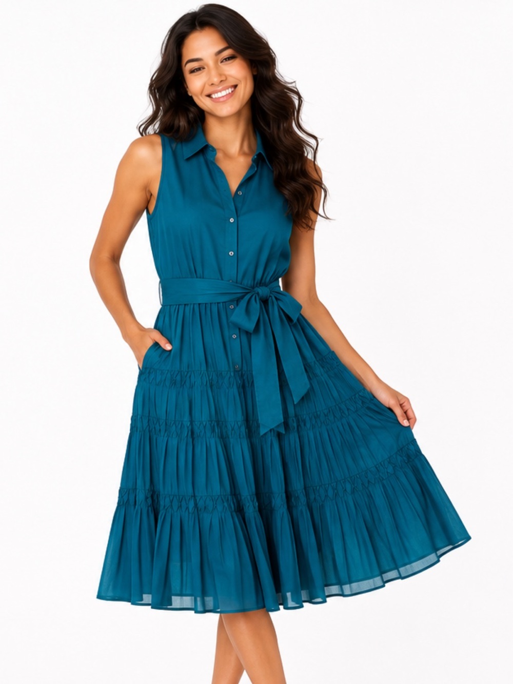 Anne Klein Size 2 Petite NWT Teal Cotton Shirt Dress Tiered Pleated Tie Waist